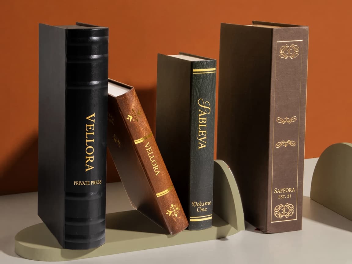 Rafta dik duran VELLORA, FABLEVA ve SAFFORA kitap kutuları