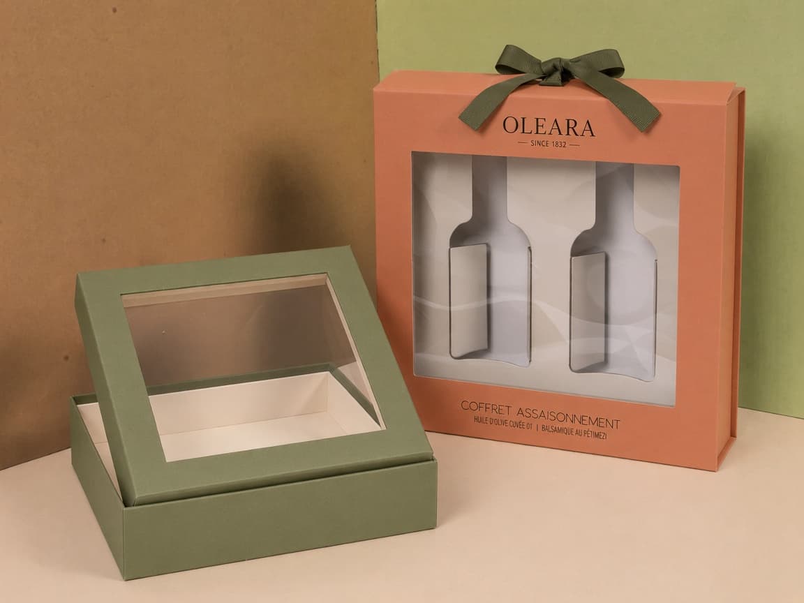 Zeytin-krem pencereli kapak ve terracotta OLEARA vitrin kutusu
